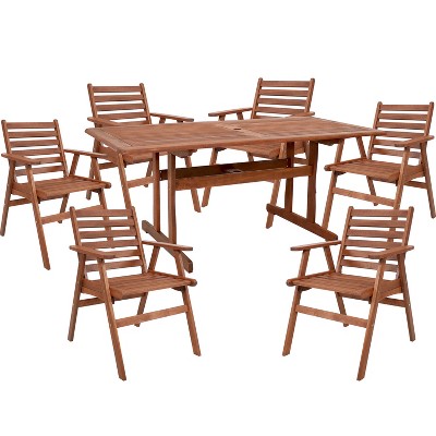 Sunnydaze Outdoor Meranti Wood with Teak Oil Finish Patio Family Dining Table and Chairs Set - Brown - 7pc