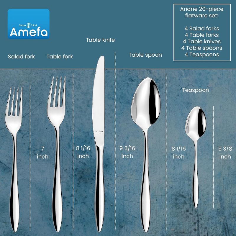 Amefa Ariane 20-Piece, Premium 18/0 Stainless Steel Flatware Set, High Gloss Mirror Finish, Silverware Set Service for 4, Rust Resistant Cutlery, 2 of 8