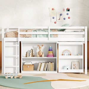 MAYEERTY Twin Loft Bed with Drawer Cabinet Shelf Cabinet and Pulling Out Desk,Rubber Wood Loft Bed with Guardrail Ladder White - 1 of 4