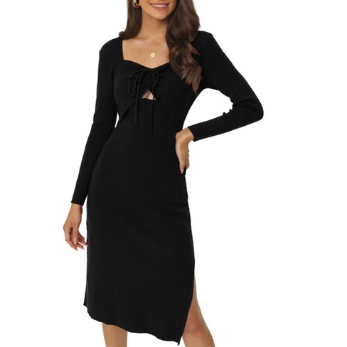 Seta T Women's 2023 Long Sleeve Cutout Front Ruched Drawstring Sweetheart  Neck Side Slit Knit Bodycon Sweater Dress Black Large