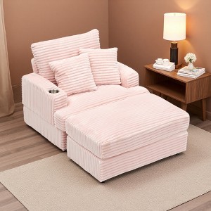 39" Corduroy Spring Upholstered Armchair with Ottoman and Cup Holder - 1 of 4