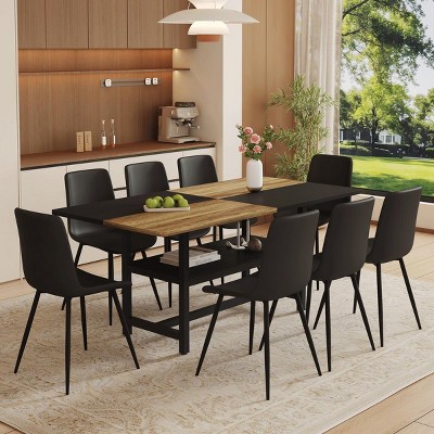 71" Modern Black Square Dining Table Set with Storage Shelf and 6 PU Upholstered Armless Chairs, Ideal for Kitchen or Apartment -3irtyhousy