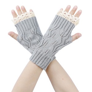 INSPIRE CHIC Women's Knit Lacework Wrist Thumb Hole Half Finger Sleeves Gloves for Christmas Windproof 1 Pair - 1 of 4