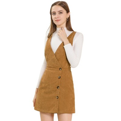 Allegra K Women's Corduroy Mini V Neck Vintage A-Line Bib Overall Pinafore Skirts