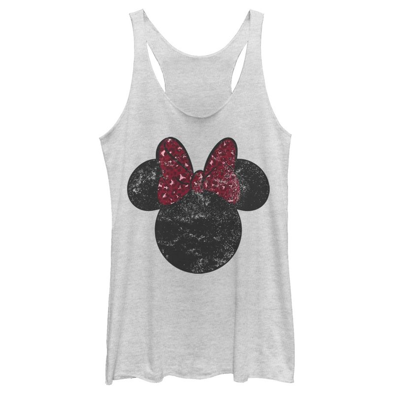 Women's Mickey & Friends Minnie Mouse Distressed Leopard Bow Racerback Tank Top, 1 of 5