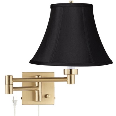 Barnes and Ivy Modern Swing Arm Wall Lamp Warm Antique Brass Plug-In Light Fixture Black Fabric Bell Shade Bedroom Bedside Reading