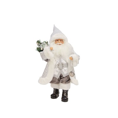 Season's Designs 18" Standing Classic Santa in Silver Coat with White Trim Resin Figurine for Christmas Decor, Indoor Use, Perfect for Mantel or
