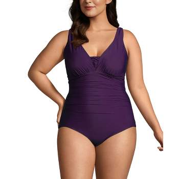 Lands' End Women's Plus Size Slendersuit Tummy Control Chlorine Resistant  Wrap One Piece Swimsuit - 16w - Violet Rose/navy Ombre : Target