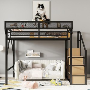 Black Metal Queen Loft Bed with Storage Shelves Stairs and High Loft Bed with Wardrobe for Kids Teens Adults - 1 of 4