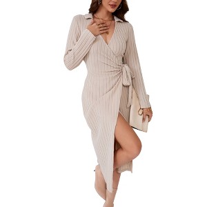 Clearlove Women's Winter Long Sleeve V Neck Asymmetrical Knit Sweater Dresses - 1 of 4