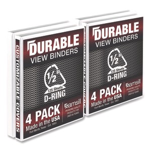 Samsill Durable D-Ring View Binders, 3 Rings, 0.5" Capacity, 11.5" x 8.5", White, 4/Pack - 1 of 1