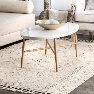 Ivory Braided Rectangular Synthetic Area Rug with Tassels