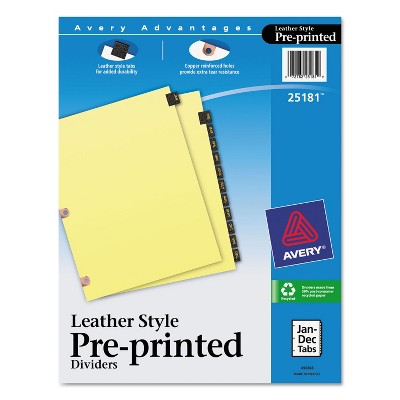 Avery Preprinted Black Leather Tab Dividers w/Copper Reinforced Holes 12-Tab Letter 25181