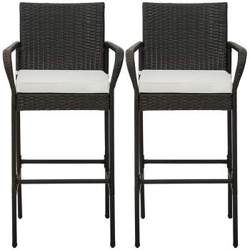 Tangkula Set of 2 Wicker Bar Stools Set Outdoor High Back Bar Counter Chairs w/ Cushions