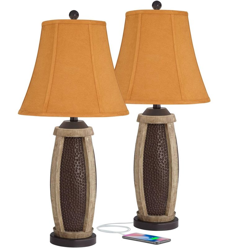 John Timberland Parker Rustic Table Lamps 28 1/2" Tall Set of 2 Hammered Bronze with USB Charging Port Faux Wood Rust Shade for Bedroom House Home, 1 of 7
