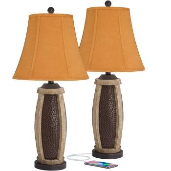John Timberland Parker Rustic Table Lamps 28 1/2" Tall Set of 2 Hammered Bronze with USB Charging Port Faux Wood Rust Shade for Bedroom House Home