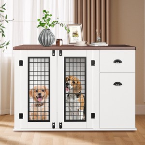 44" Dog Crate Furniture with Drawer & Cabinet – Wooden Indoor Pet Kennel End Table for Small/Medium Dogs, White - 1 of 4