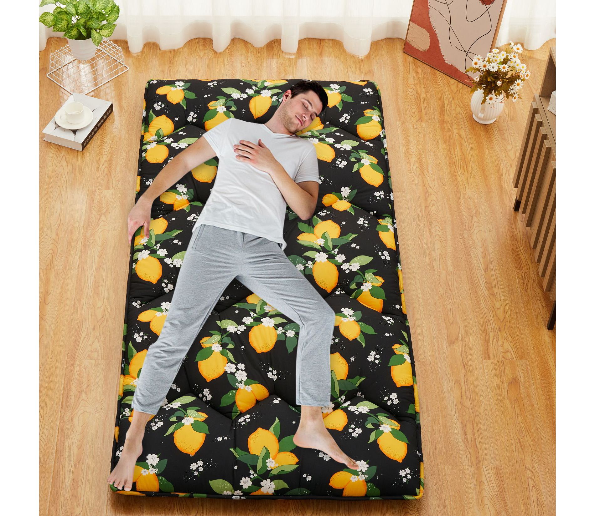 Floral Print Style Japanese Floor Mattress Indoor Living Room Bedroom Furniture, Tatami Mat Portable Floor Bed Roll Up Mattress for Camping Travel