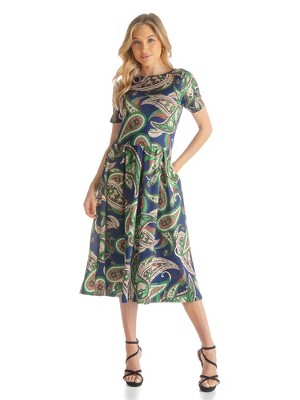 Womens Fit And Flare Short Sleeves Green Paisley Midi Dress : Target
