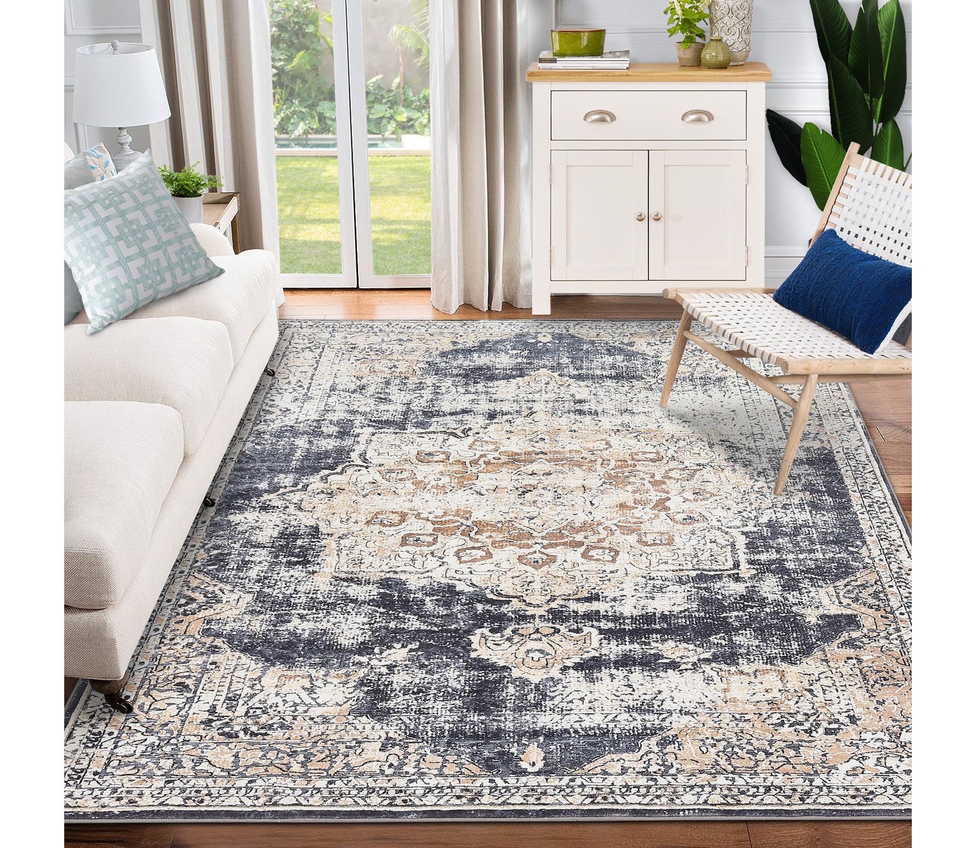 Garvee Ultra-Thin 9x12 Area Rug - Large Distressed Oriental Vintage Carpet, Non-Slip Non-Shedding Rug: Traditional Machine Made, Indoor & Outdoor Use