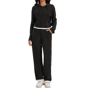 ATHLECHIC Women's Outfits Ribbed Sweater Hoodie Wide Leg Pants Tracksuit Casual Lounge 2 Pieces Set - 1 of 4