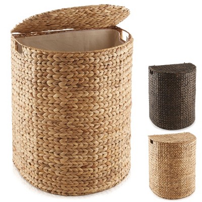 Casafield Half Moon Laundry Hamper with Lid and Removable Liner Bag, Woven Water Hyacinth Laundry Basket for Clothes, Towels