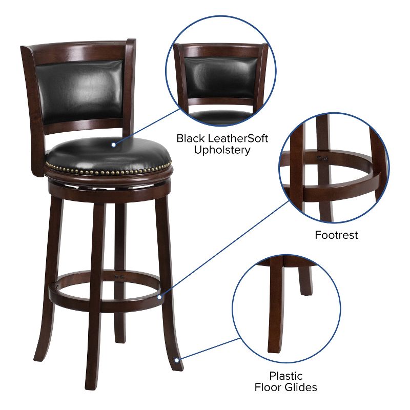 Merrick Lane 30" Panel Back Bar Height Stool with Black Faux Leather Upholstered Back & Seat, Nail Trim, and Cappuccino Wooden Frame, 6 of 13