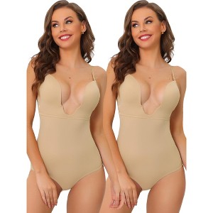 Allegra K Women's U Plunge Leotard Waist Adjustable Straps Built-in Bodysuits 2 Pcs - 1 of 4