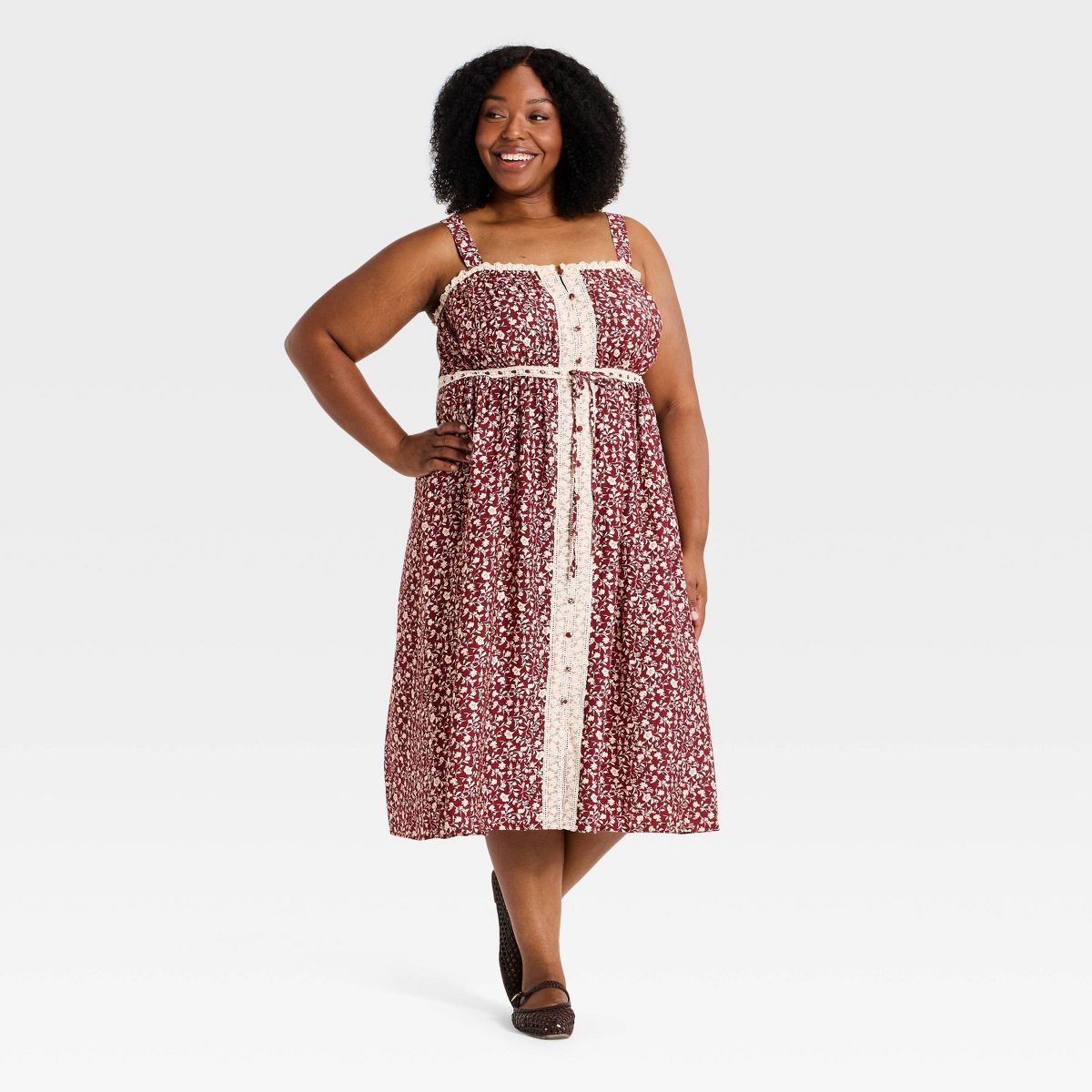 Women's Sleeveless Button Up Tie Waist Square Neck Lace Trim Midi Dress - Ava & Viv™ - thumbnail 3