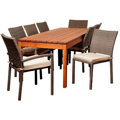 Marchello 9pc Patio Eucalyptus Wood Wicker Dining Set - International Home Miami