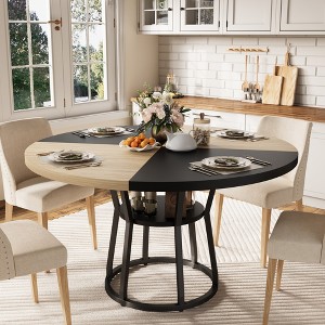 Round dining table, farmhouse style with storage functionality, versatile furniture suitable for kitchens, dining rooms, and living rooms. - 1 of 4