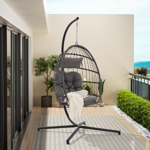Outdoor Egg Chair, Hanging Egg Chair With Standing Seat, Armrest Cushion, Backrest, Metal Frame, Garden Rattan Egg Swing Chair, Light Gray - 1 of 4