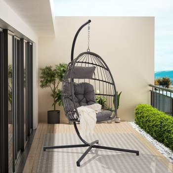 Outdoor Egg Chair, Hanging Egg Chair With Standing Seat, Armrest Cushion, Backrest, Metal Frame, Garden Rattan Egg Swing Chair