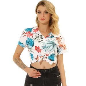 Allegra K Women's Hawaiian Button Down Floral Leaves Beach Short Sleeve Top - 1 of 4