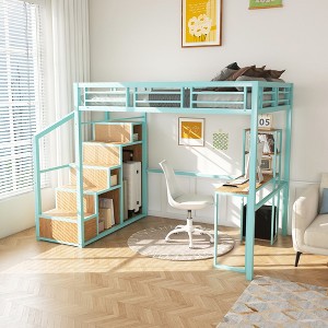 KTMBDW Full Size Loft Bed with Desk, Metal Loft Beds Full with Charging Sation, Heavy Duty Loft Bed Frame with Storage, Space-Saving, Green - 1 of 4
