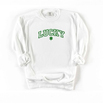Simply Sage Market Women's  Garment Dyed Graphic Sweatshirt Embroidered Lucky Varsity Clover St. Patrick's Day