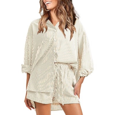 EXLURA Women's Summer 2 Piece Sets Long Sleeve Button Down Shirts Matching Short Sets Oversized Spring Vacation Outfits