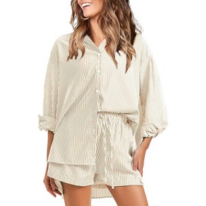 EXLURA Women's Summer 2 Piece Sets Long Sleeve Button Down Shirts Matching Short Sets Oversized Spring Vacation Outfits - 1 of 4