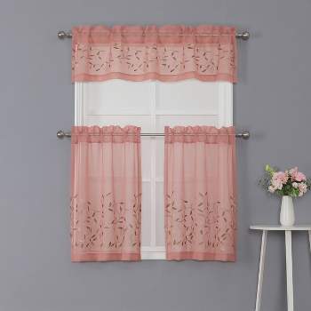 Kate Aurora Shabby Sheer Embroidered Complete 3 Piece Floral Rod Pocket Cafe Kitchen Curtain Tier & Valance Set