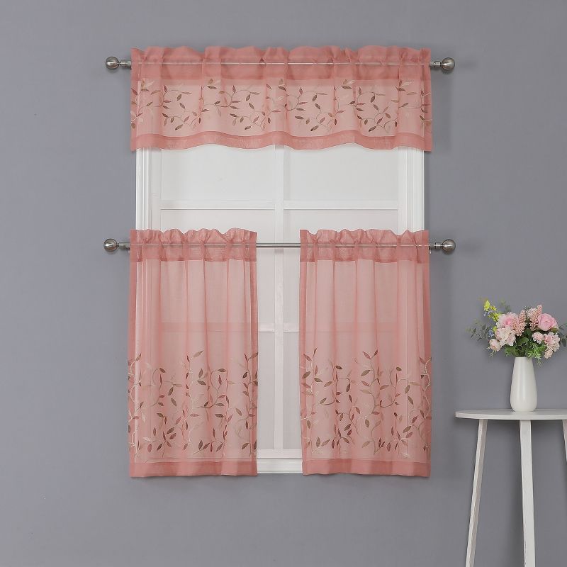 Kate Aurora Shabby Sheer Embroidered Complete 3 Piece Floral Rod Pocket Cafe Kitchen Curtain Tier & Valance Set, 1 of 8
