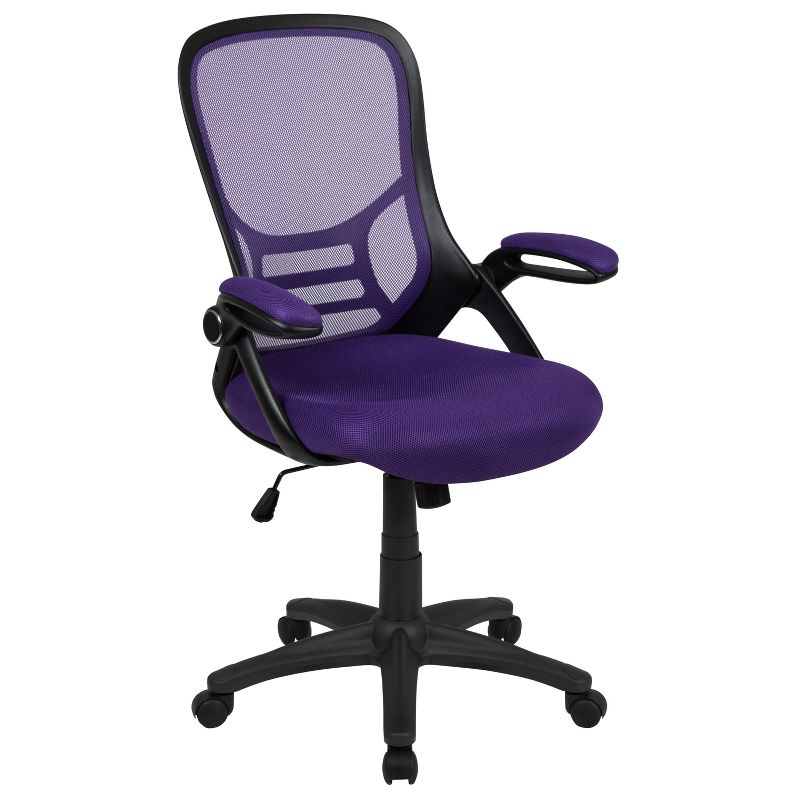 Emma and Oliver High Back Purple Mesh Ergonomic Office Chair with Black Frame and Flip-up Arms, 1 of 16