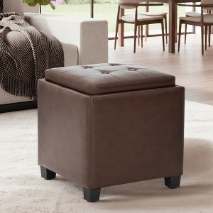 Square Leather Ottoman with Reversible Tray Lid – Hidden Storage Footrest, Small Coffee Table, Sturdy Design – 18”x18” - 1 of 4