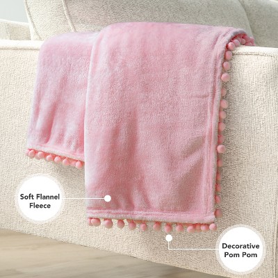 Light Pink Fleece Throw Blanket with Pom Pom Fringe