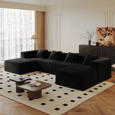 136.22" Corduroy Modular Boneless U-Shaped Sectional Sofa with 2 Ottoman, High-Density Memory Foam, Flexible Configurations, Plush Cushions