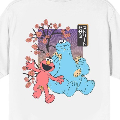 Sesame Street Elmo & Cookie Monster Cherry Blossoms Adult White Crew Neck Short Sleeve T-shirt
