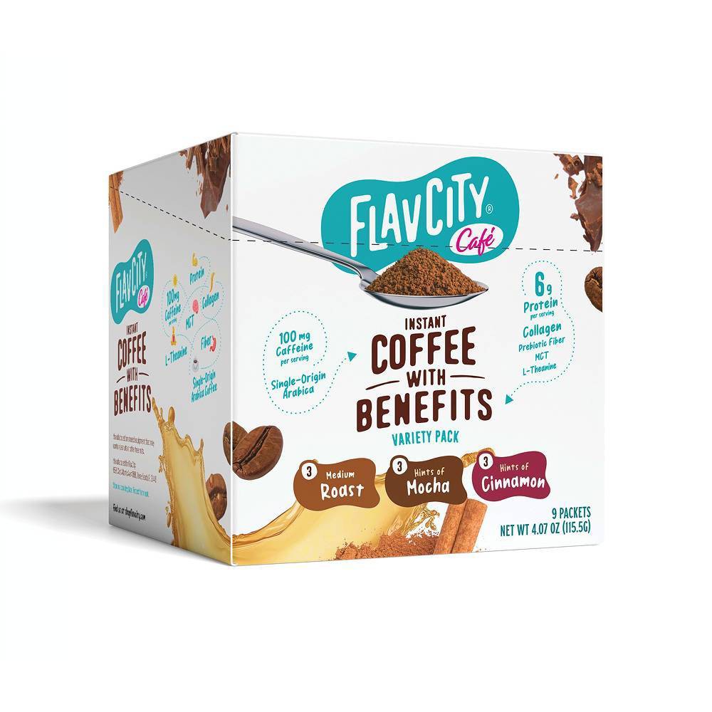 FlavCity Single Serve Variety Pack Medium Roast Instant Coffee - 4.07oz/9ct: Arabica Beans, Cinnamon Mocha
