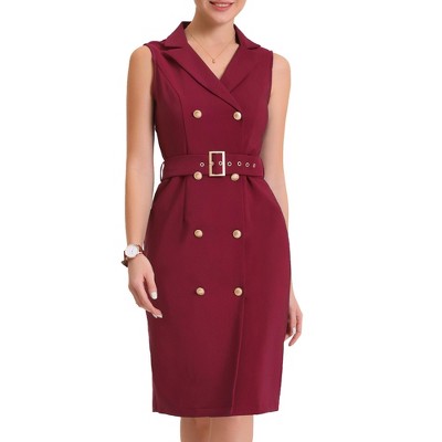 Allegra K Women's Sleeveless V Neck Notched Lapel Double Breasted Belted Work Office Dress