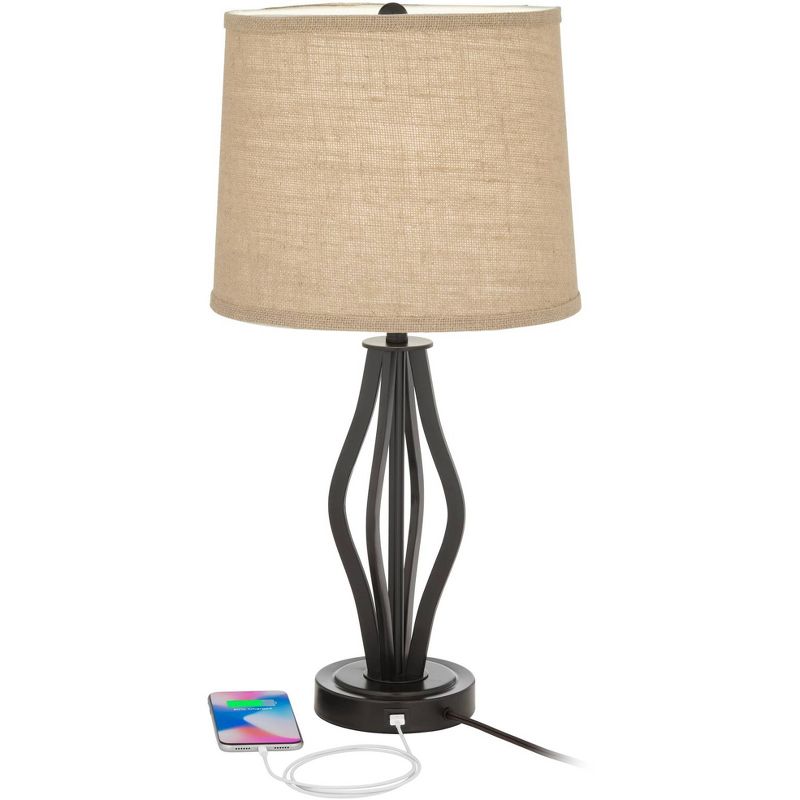 360 Lighting Heather Modern Industrial Table Lamps 25 3/4" High Set of 2 Dark Iron with USB Charging Port Burlap Drum Shade for Bedroom House Desk, 4 of 9