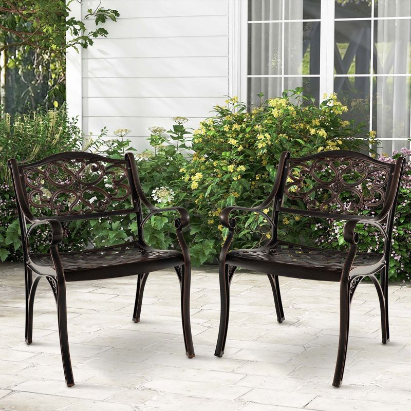 Costway 2/4 PCS Cast Aluminum Patio Chairs Set of 2 Outdoor Dining with Armrests & Curved Seats Bronze, 1 of 10