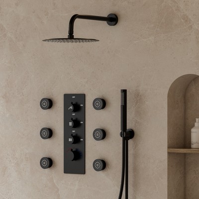 YAWWALK Thermostatic Valve 12 in. Wall Mount 7-Spray Shower Faucet With 6-Jets